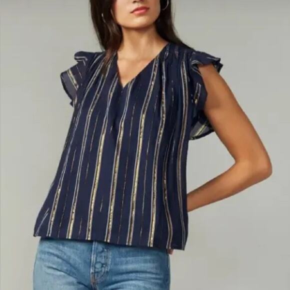 Greylin Nevaeh Navy Blue Gold Metallic Flutter Sleeve V Neck Top XS - Picture 1 of 11
